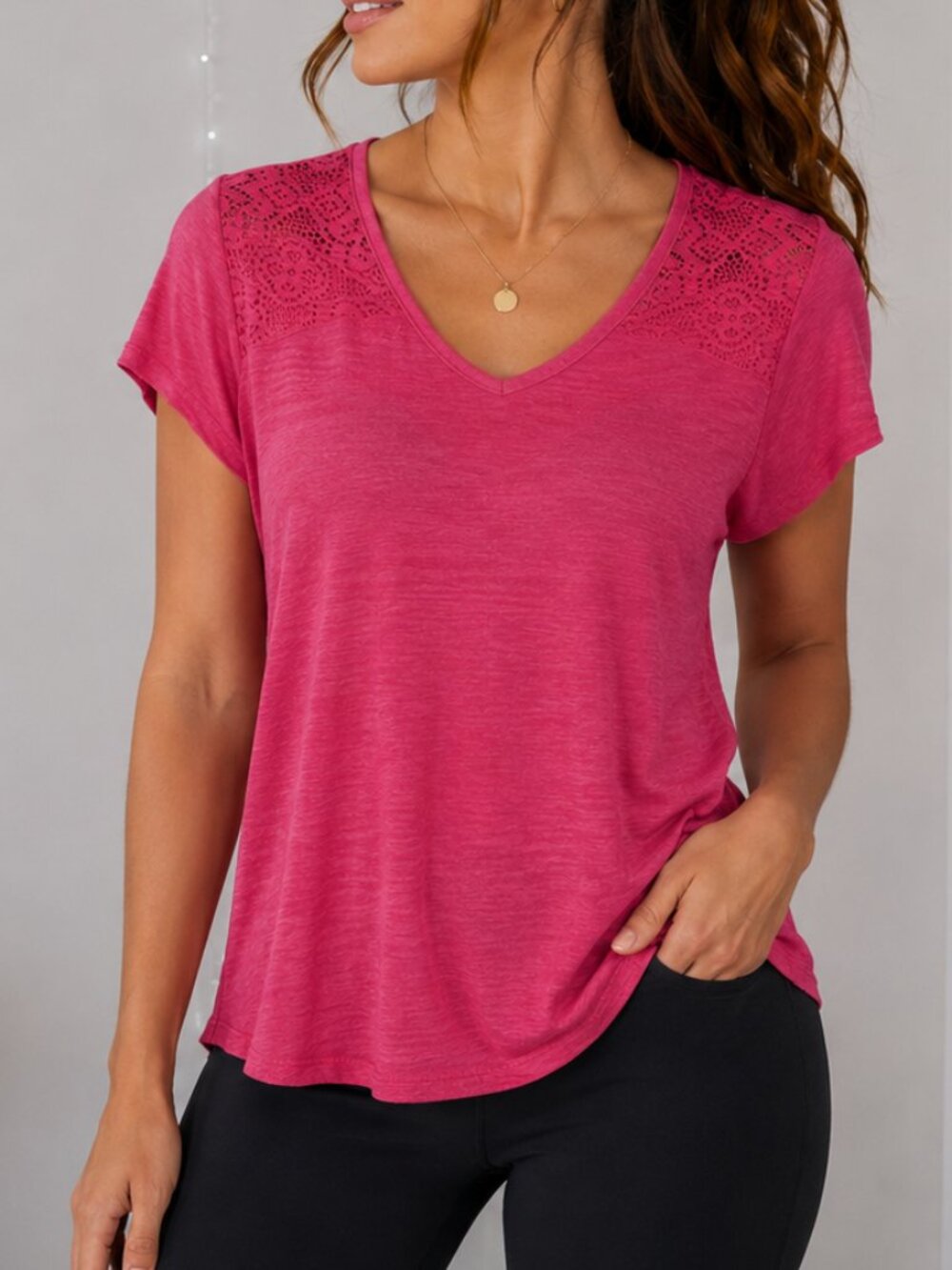 Faded Glory Pink Lace Back Short Sleeve Blouse Women's Large V-Neck